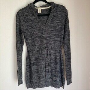 ROXY Knit Hoodie Sweater Dress Tunic M Gray Marled V-Neck Long Sleeve Tie Waist
